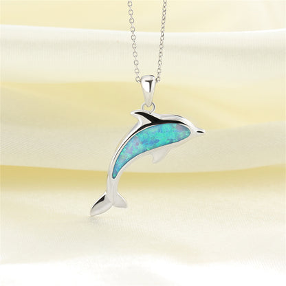 Blue Opal and Silver-Plated Dolphin Pendant Necklace, silver pendant necklace for women, elegant gift for her, lifestyle look