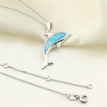 Blue Opal and Silver-Plated Dolphin Pendant Necklace, silver pendant necklace for women, elegant gift for her, styled look