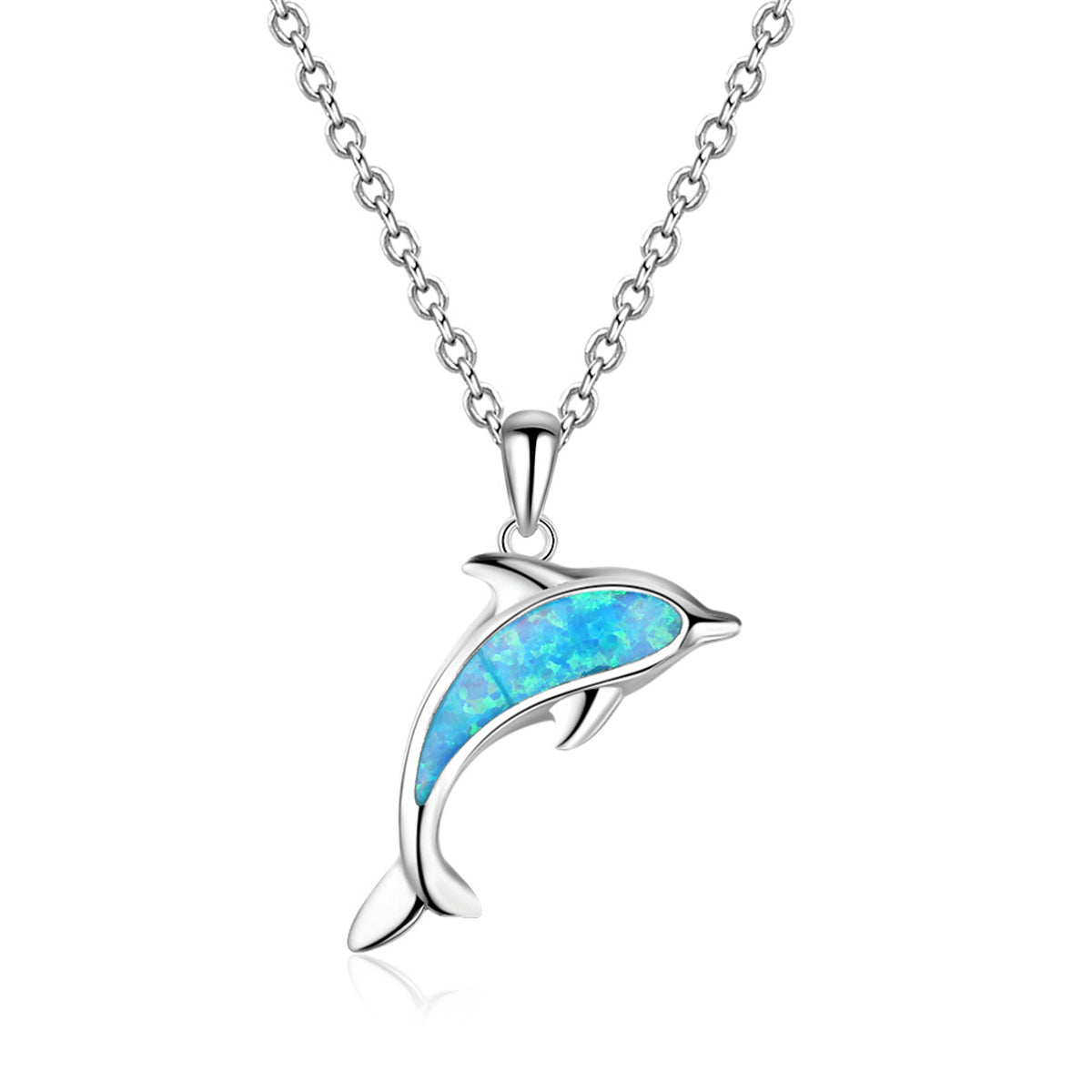 Blue Opal and Silver-Plated Dolphin Pendant Necklace, silver pendant necklace for women, elegant gift for her, side view
