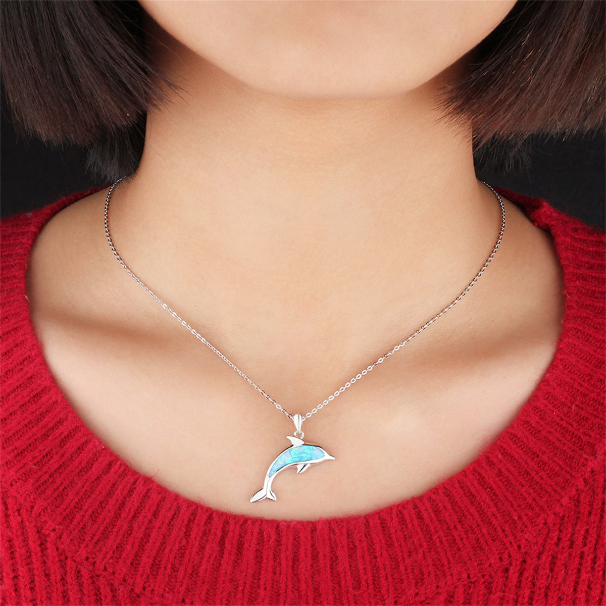 Blue Opal and Silver-Plated Dolphin Pendant Necklace, silver pendant necklace for women, detail close-up