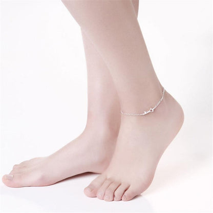 Crystal and Silver-Plated Heart Key Anklet, silver anklet bracelet, botanical inspired, front view