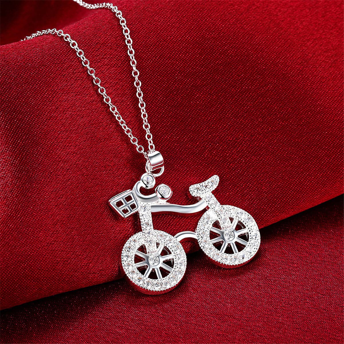 Cubic Zirconia & Silver-Plated Bicycle Pendant Necklace - streetregion