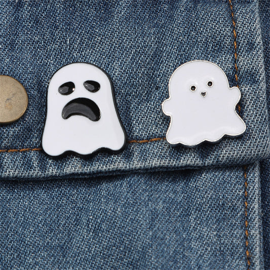White and Silver-Plated Ghost Enamel Pin Set, silver brooch pin, everyday style, front view