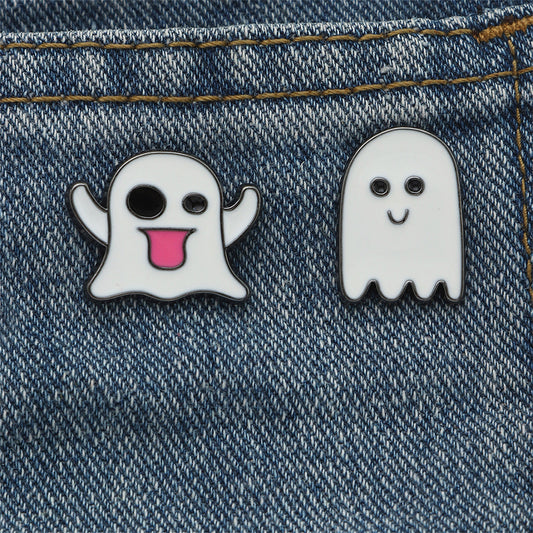 White and Silver-Plated Ghost Enamel Pin Set, silver brooch pin, dainty minimalist design, front view