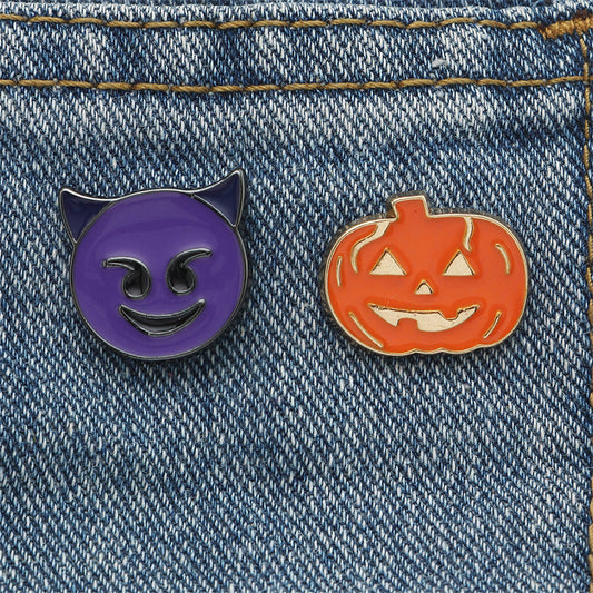 Purple Devil Brooch and Orange Pumpkin Brooch, brooch pin, everyday style, front view