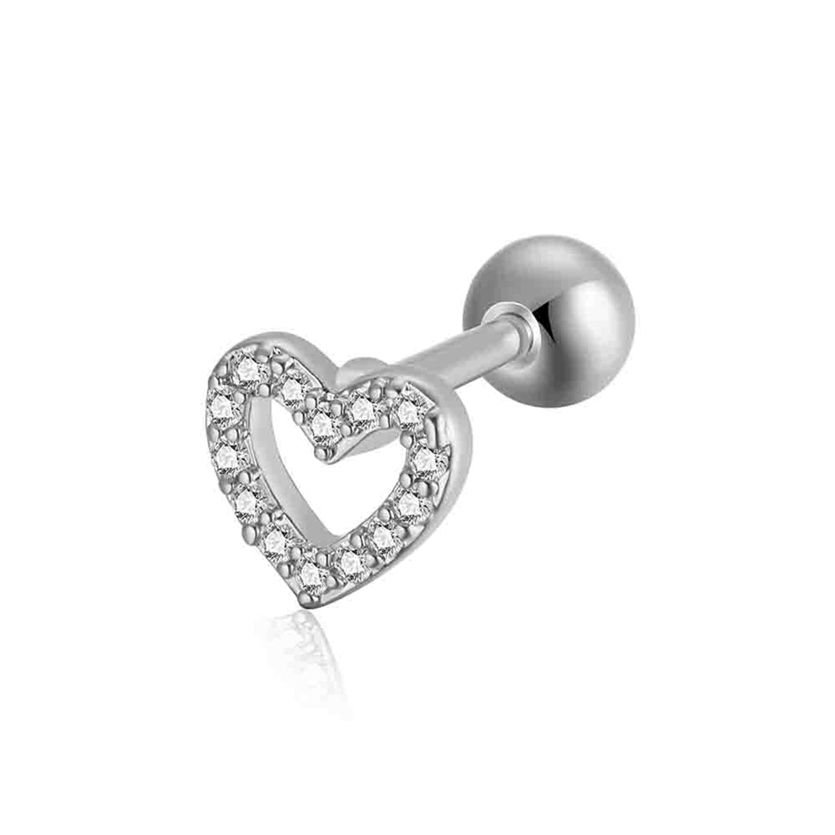 Cubic Zirconia and Silver-Plated Open Heart Barbell Stud Earring, silver stud earrings for women, front view
