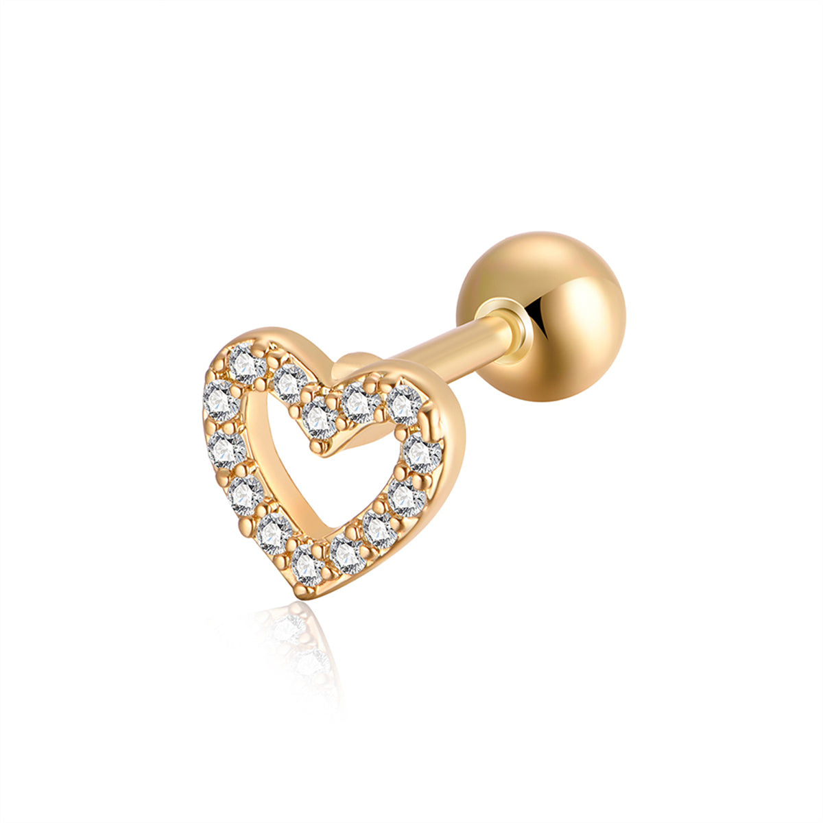 Cubic Zirconia and 18K Gold-Plated Open Heart Barbell Stud Earring, gold stud earrings for women, front view