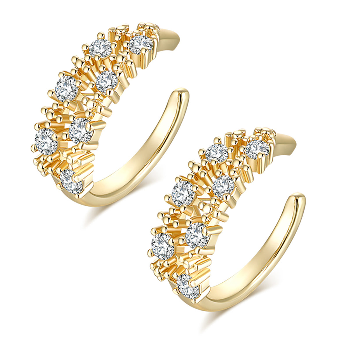 Cubic Zirconia and 18K Gold-Plated Prong-Set Ear Cuffs, gold stud earrings for women, dainty minimalist design, front view