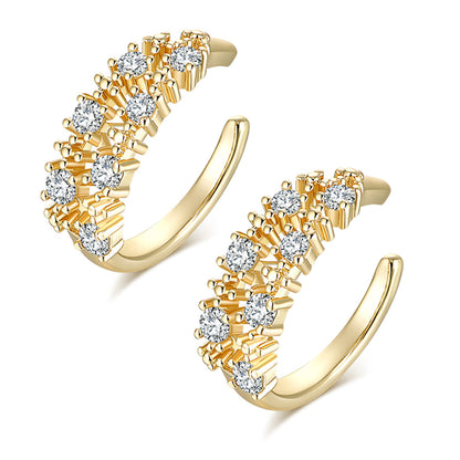 Cubic Zirconia and 18K Gold-Plated Prong-Set Ear Cuffs, gold stud earrings for women, dainty minimalist design, front view