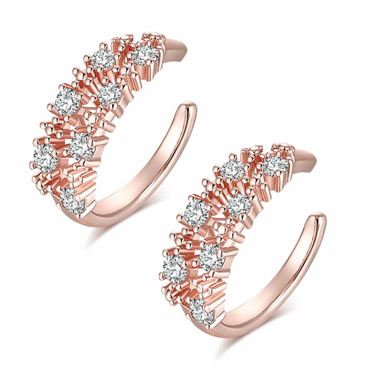 Cubic Zirconia and 18K Rose Gold-Plated Botanical Ear Cuffs, rose gold stud earrings for women, front view