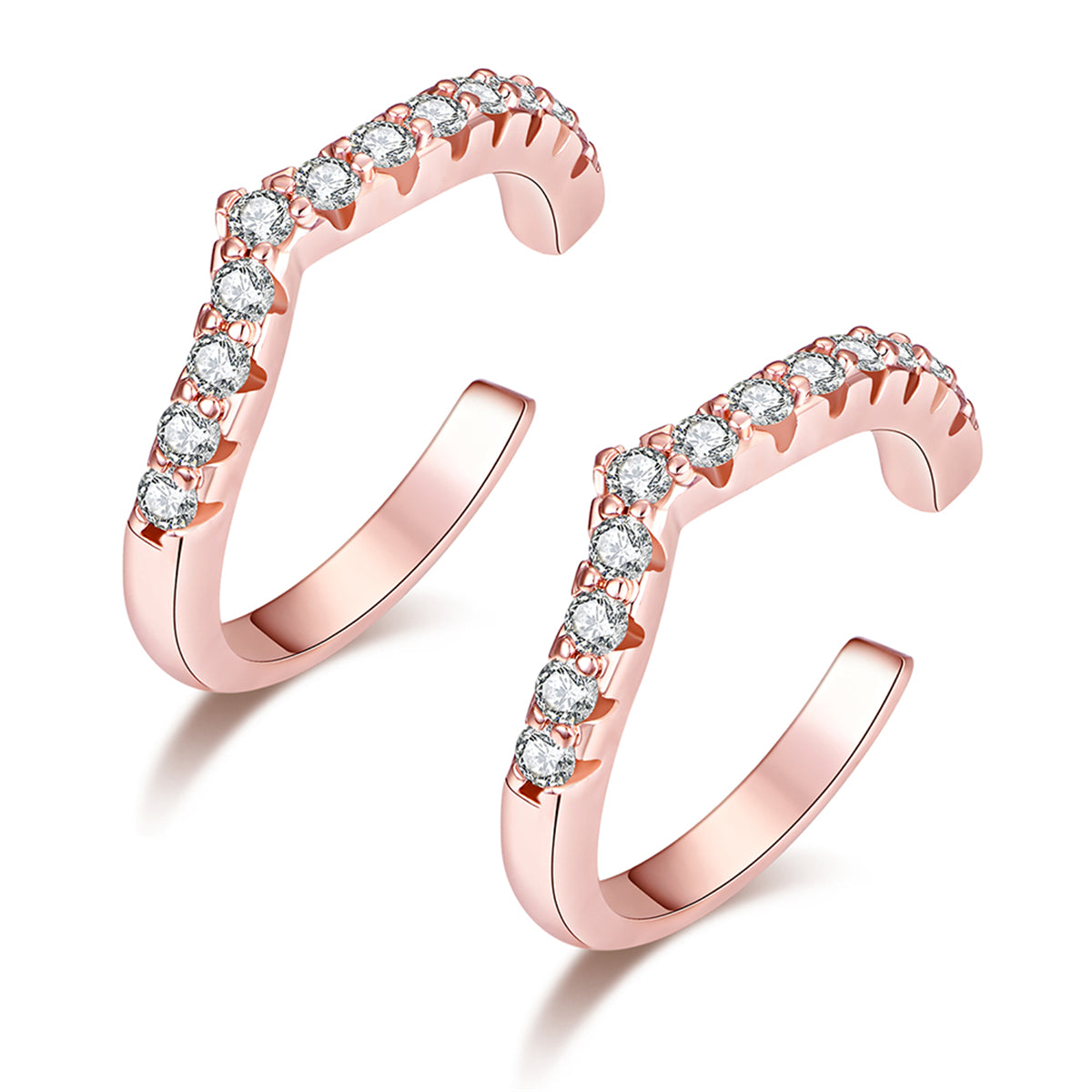 Cubic Zirconia and 18K Rose Gold-Plated V-Shape Ear Cuffs, rose gold stud earrings for women, botanical inspired, front view