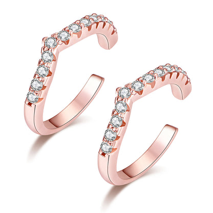 Cubic Zirconia and 18K Rose Gold-Plated V-Shape Ear Cuffs, rose gold stud earrings for women, botanical inspired, front view