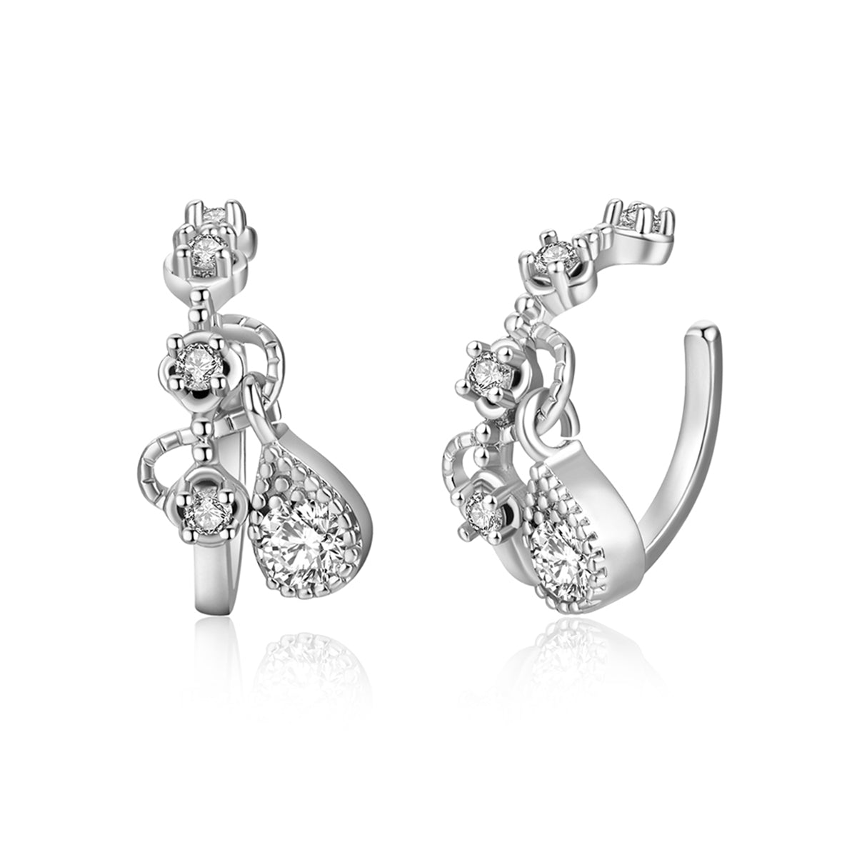Cubic Zirconia and Silver-Plated Teardrop Dangle Ear Cuffs, silver stud earrings for women, detail close-up