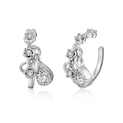Cubic Zirconia and Silver-Plated Teardrop Dangle Ear Cuffs, silver stud earrings for women, detail close-up