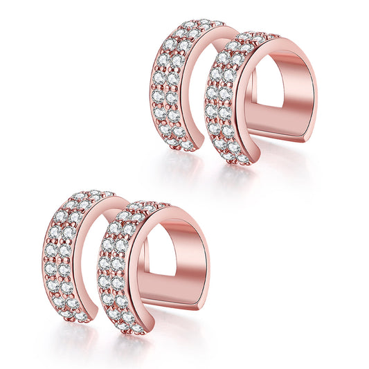 Cubic Zirconia and 18K Rose Gold-Plated Layered Ear Cuffs, rose gold stud earrings for women, front view
