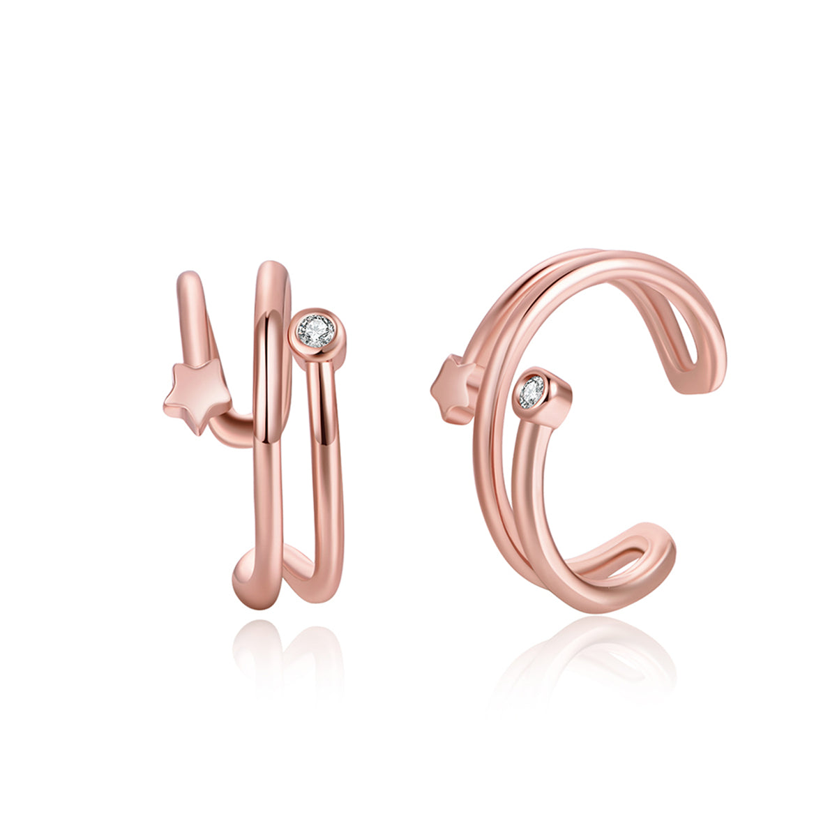 Cubic Zirconia and 18K Rose Gold-Plated Star Layered Ear Cuffs, rose gold stud earrings for women, everyday style, front view