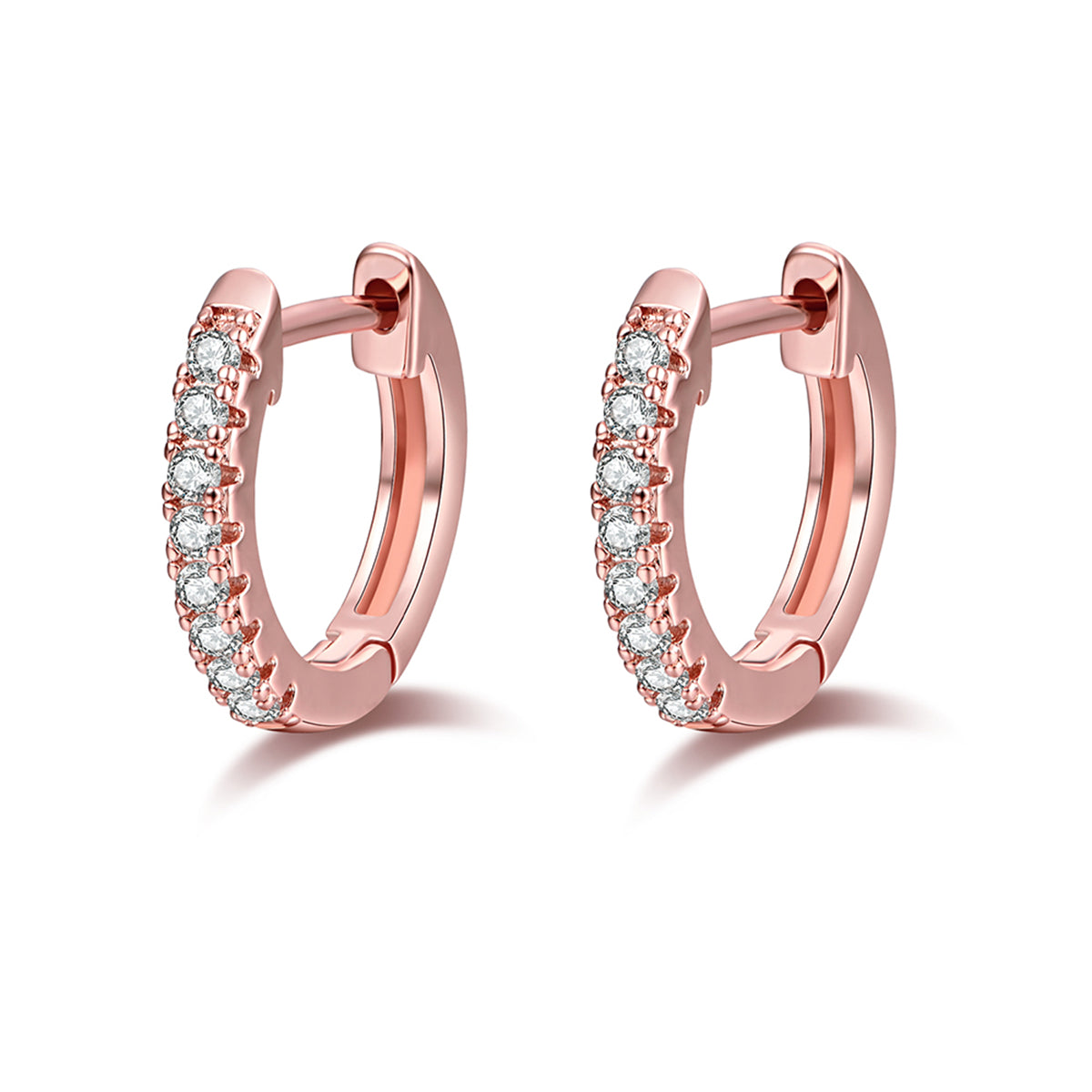 Cubic Zirconia and 18K Rose Gold-Plated Huggie Earring, rose gold huggie earrings, botanical inspired, front view