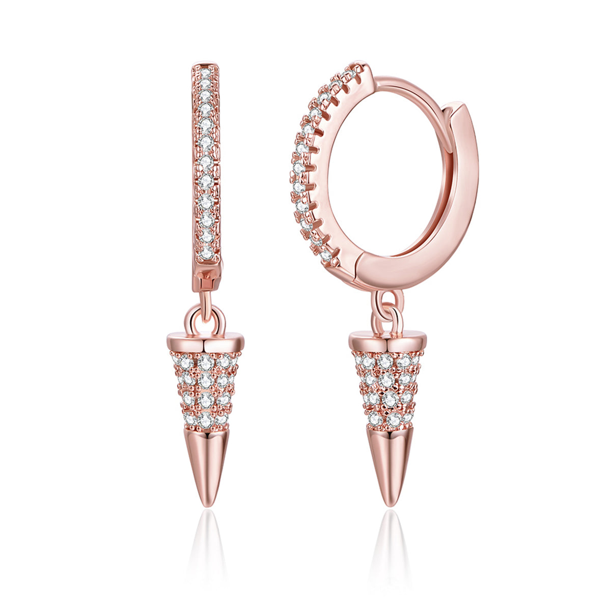Cubic Zirconia and 18K Rose Gold-Plated Awl Huggie Earrings, rose gold huggie earrings, dainty minimalist design, front view