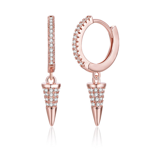 Cubic Zirconia and 18K Rose Gold-Plated Awl Huggie Earrings, rose gold huggie earrings, dainty minimalist design, front view