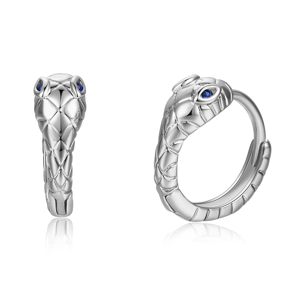 Blue Cubic Zirconia and Silver-Plated Snake Huggie Earrings, silver huggie earrings, dainty minimalist design, lifestyle look