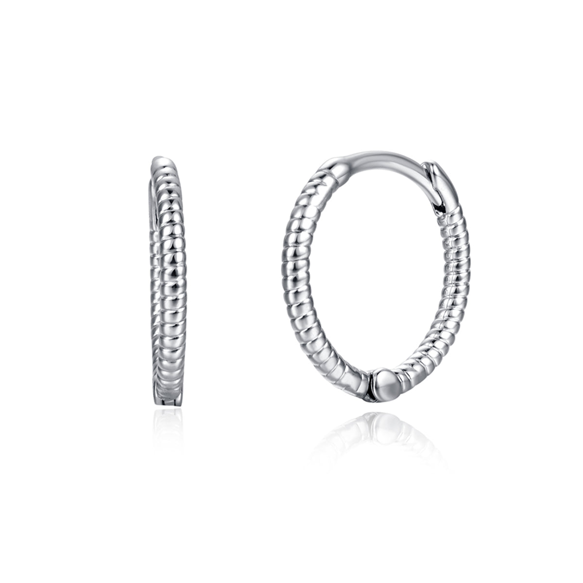 Silver-Plated Twine Huggie Earrings, silver huggie earrings, vintage-inspired design, front view
