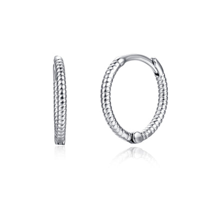 Silver-Plated Twine Huggie Earrings, silver huggie earrings, vintage-inspired design, front view