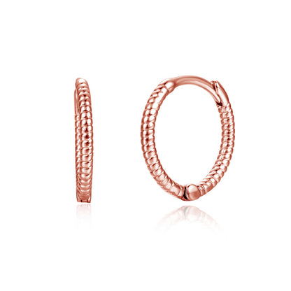 18K Rose Gold-Plated Textured Huggie Earrings, rose gold huggie earrings, vintage-inspired design, front view