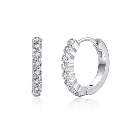 Cubic Zirconia and Silver-Plated Bezel Huggie Earrings, silver huggie earrings, everyday style, front view
