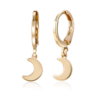 18K Gold-Plated Moon Huggie Earrings, gold huggie earrings, botanical inspired, front view
