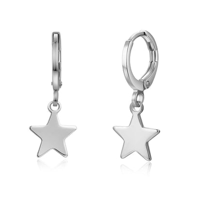 Silver-Plated Star Huggie Earrings, silver huggie earrings, elegant gift for her, front view