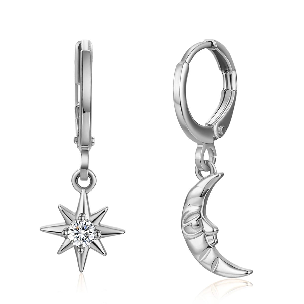 Cubic Zirconia & Silver-Plated Sun & Moon Asymmetrical Huggie Earrings