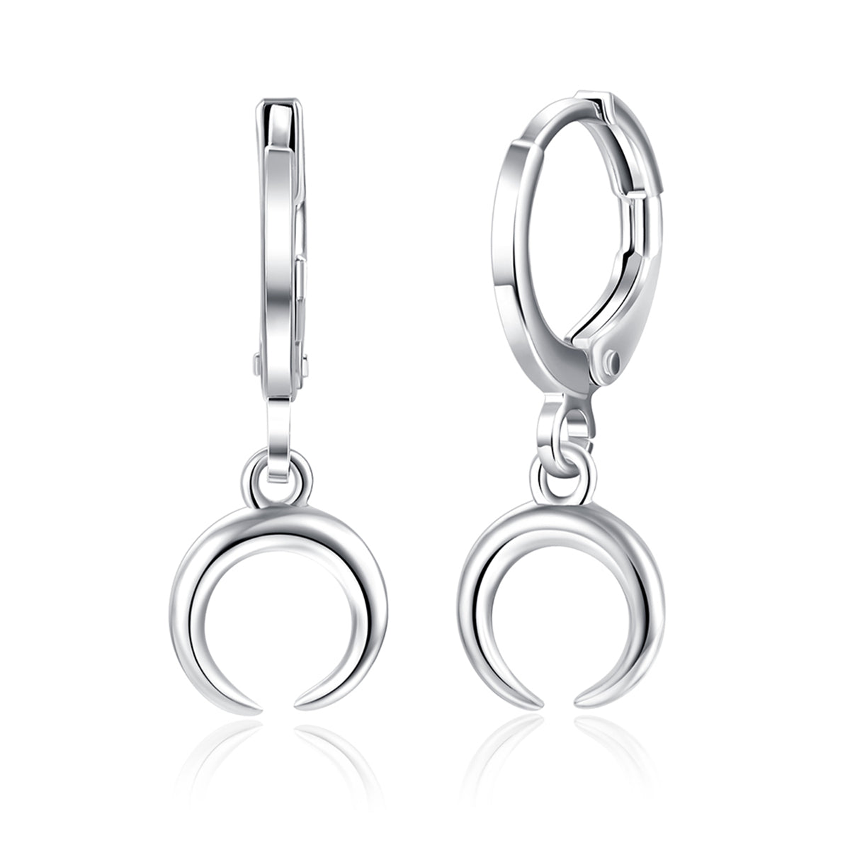 Silver-Plated Moon Drop Huggie Earrings, silver huggie earrings, elegant gift for her, front view