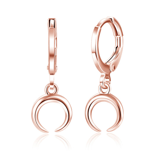 18K Rose Gold-Plated Moon Huggie Drop Earrings, rose gold huggie earrings, everyday style, front view