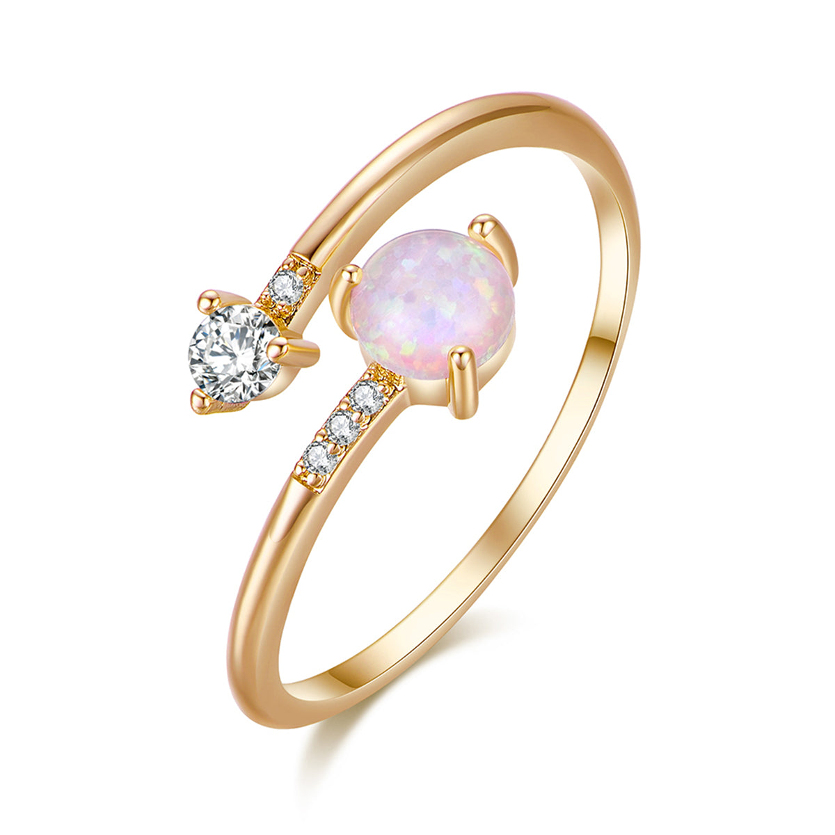 Opal and Cubic Zirconia 18K Gold-Plated Bypass Ring, gold statement rings for women, botanical inspired, front view