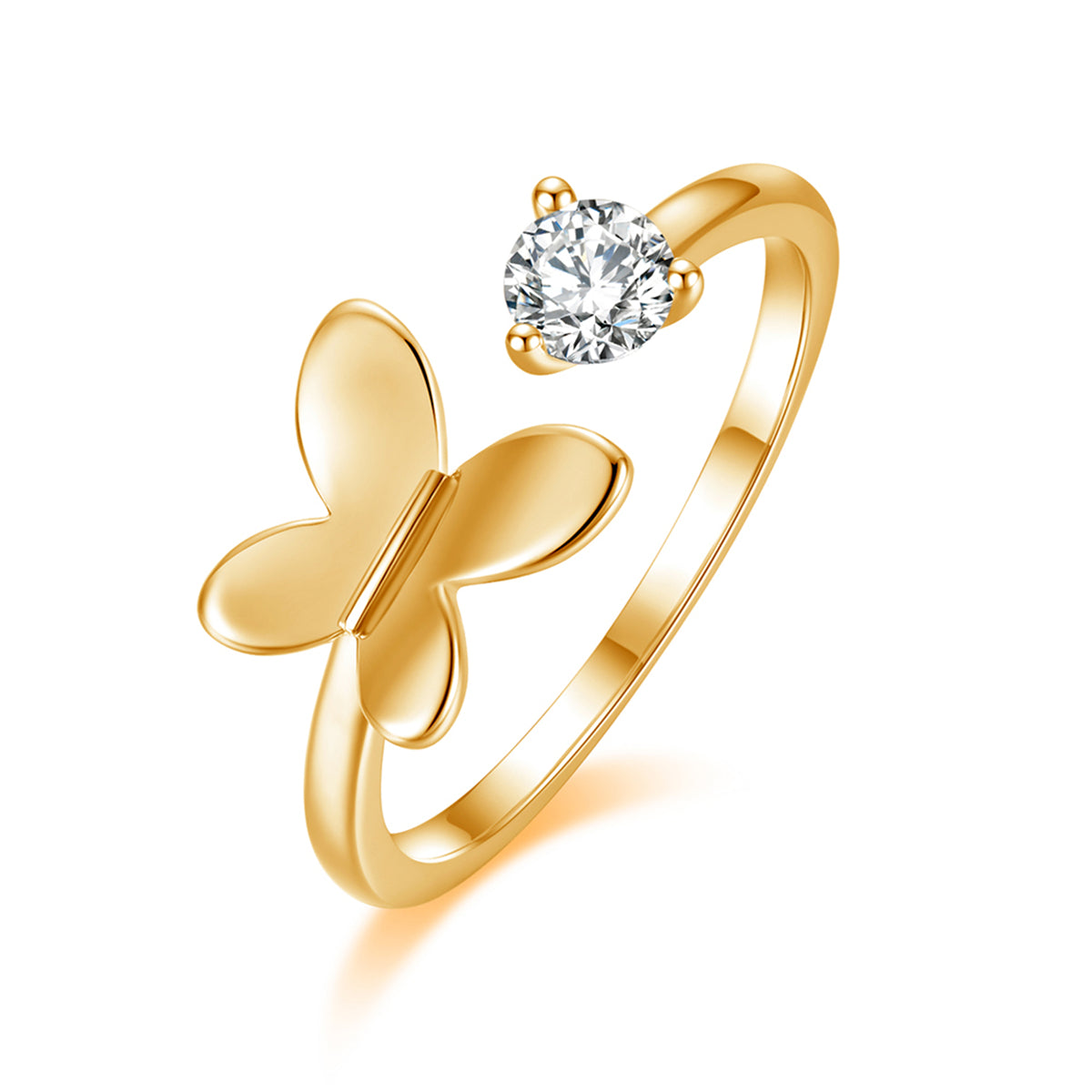 Cubic Zirconia and 18K Gold-Plated Butterfly Open Ring, gold statement rings for women, botanical inspired, front view