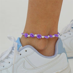 Purple Howlite & Pearl Floral Station Anklet