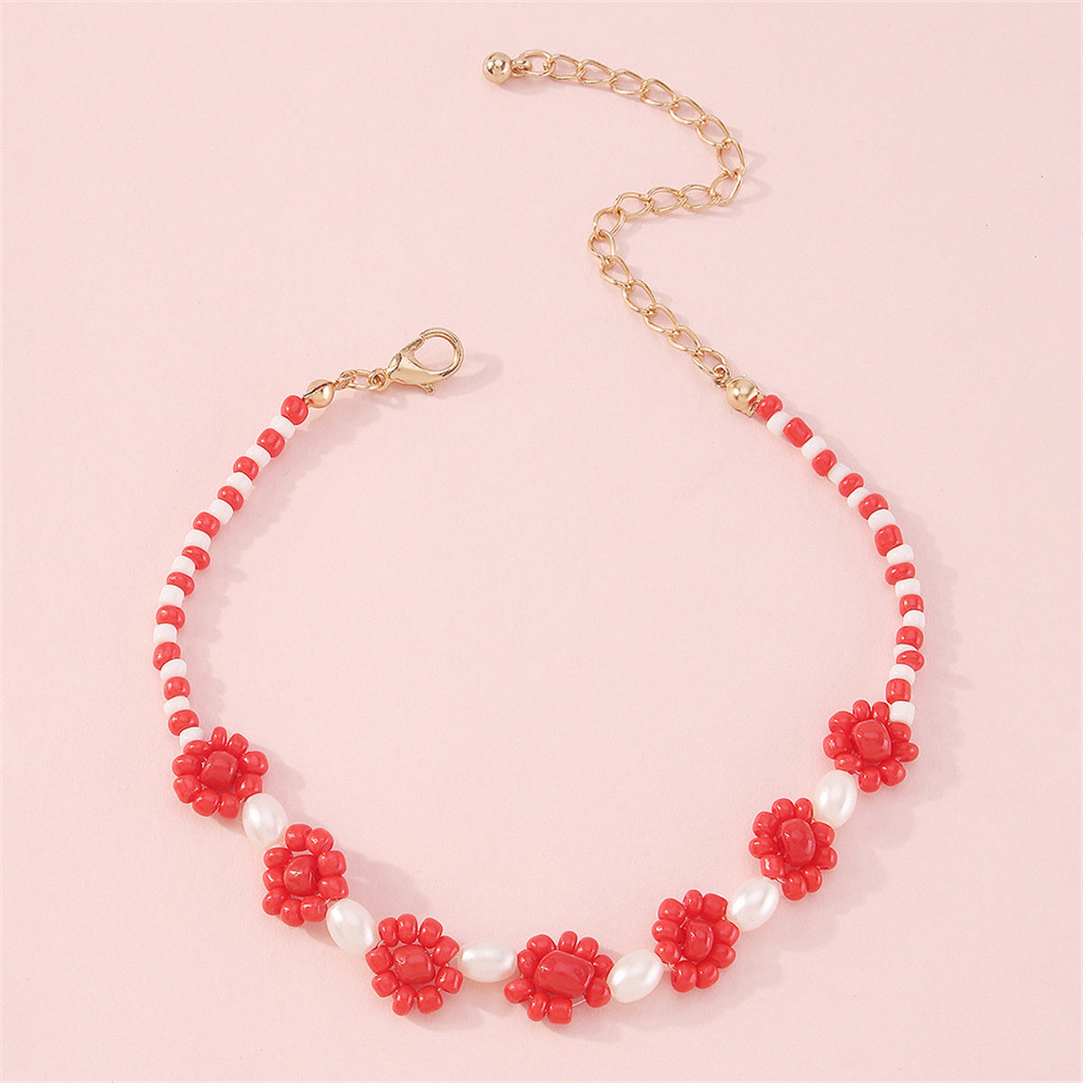 Pearl & Red Howlite Flower Station Bracelet