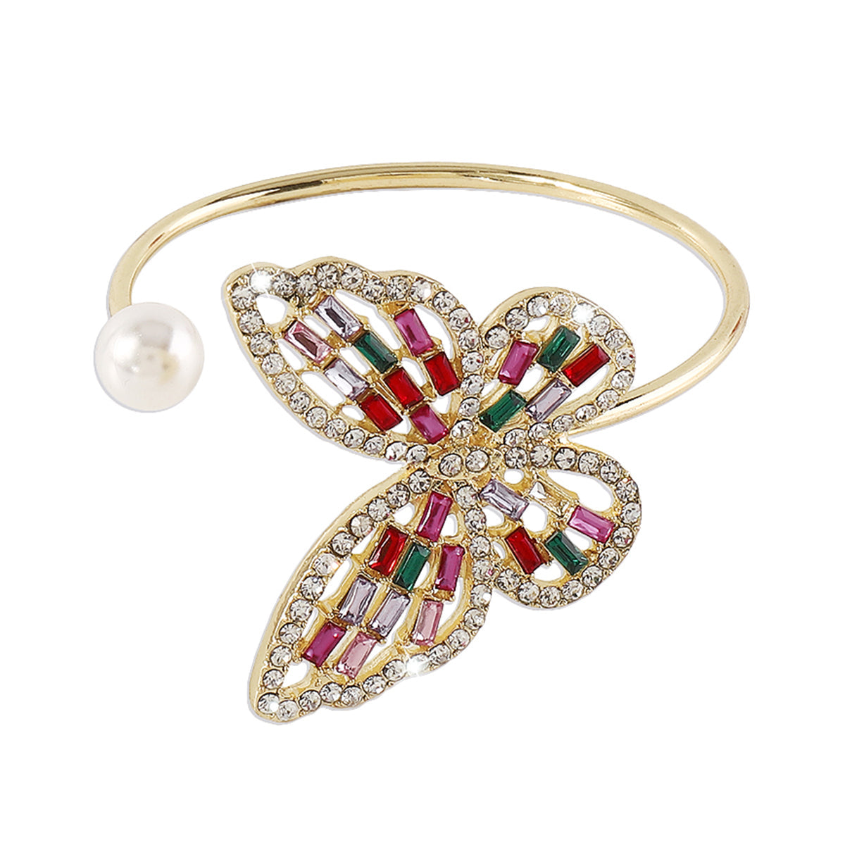 Crystal & Pearl 18K Gold-Plated Butterfly Bypass Bangle