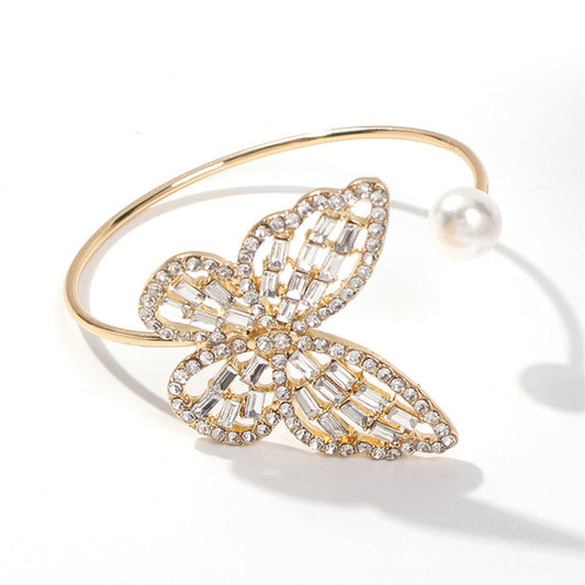 Cubic Zirconia and Pearl 18K Gold-Plated Butterfly Bypass Cuff, gold bangle bracelet, dainty minimalist design, front view
