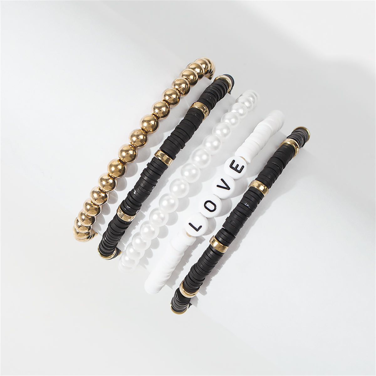 Pearl & Black Polymer Clay 18K Gold-Plated 'Love' Stretch Bracelet Set