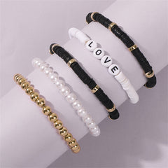 Pearl & Black Polymer Clay 18K Gold-Plated 'Love' Stretch Bracelet Set