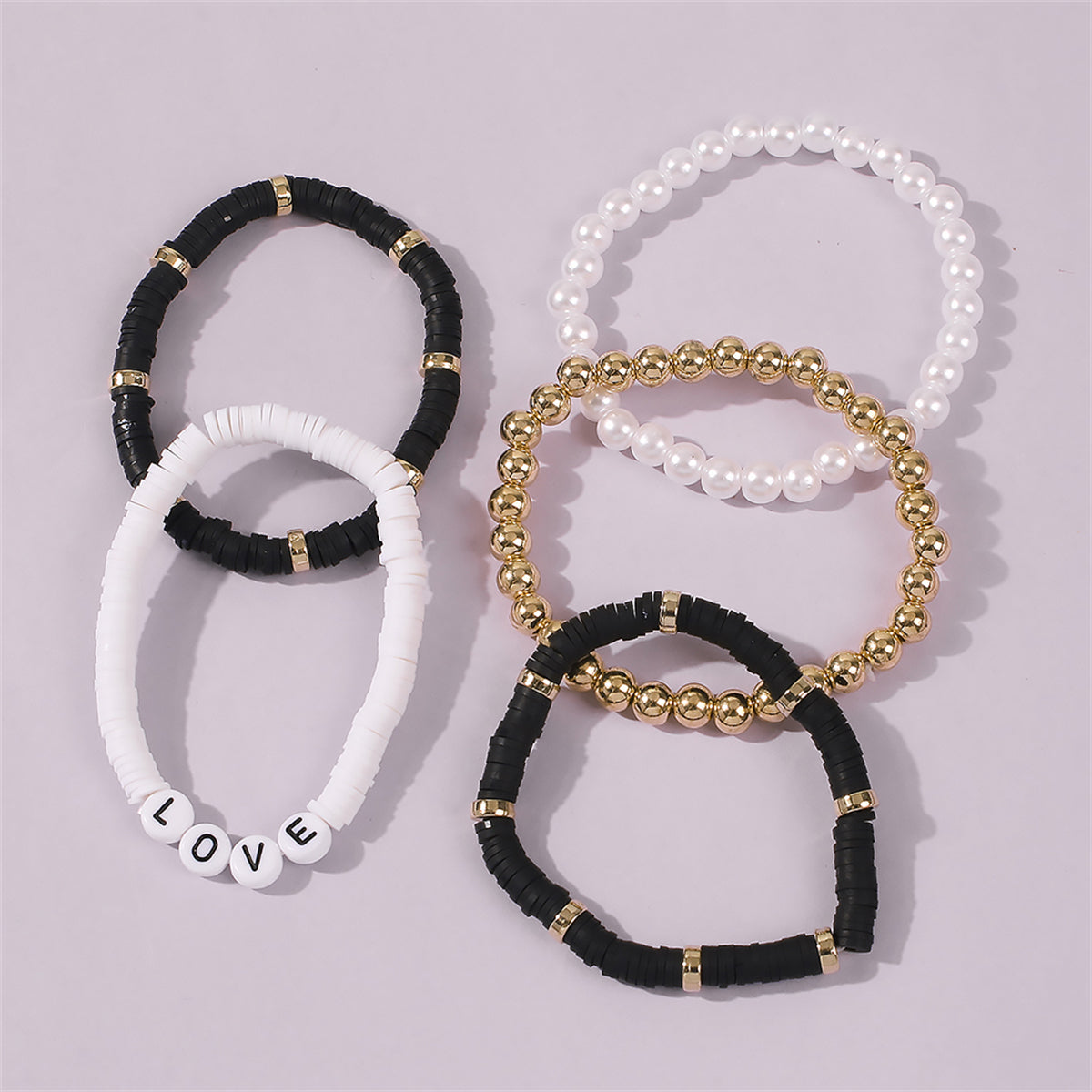 Pearl & Black Polymer Clay 18K Gold-Plated 'Love' Stretch Bracelet Set