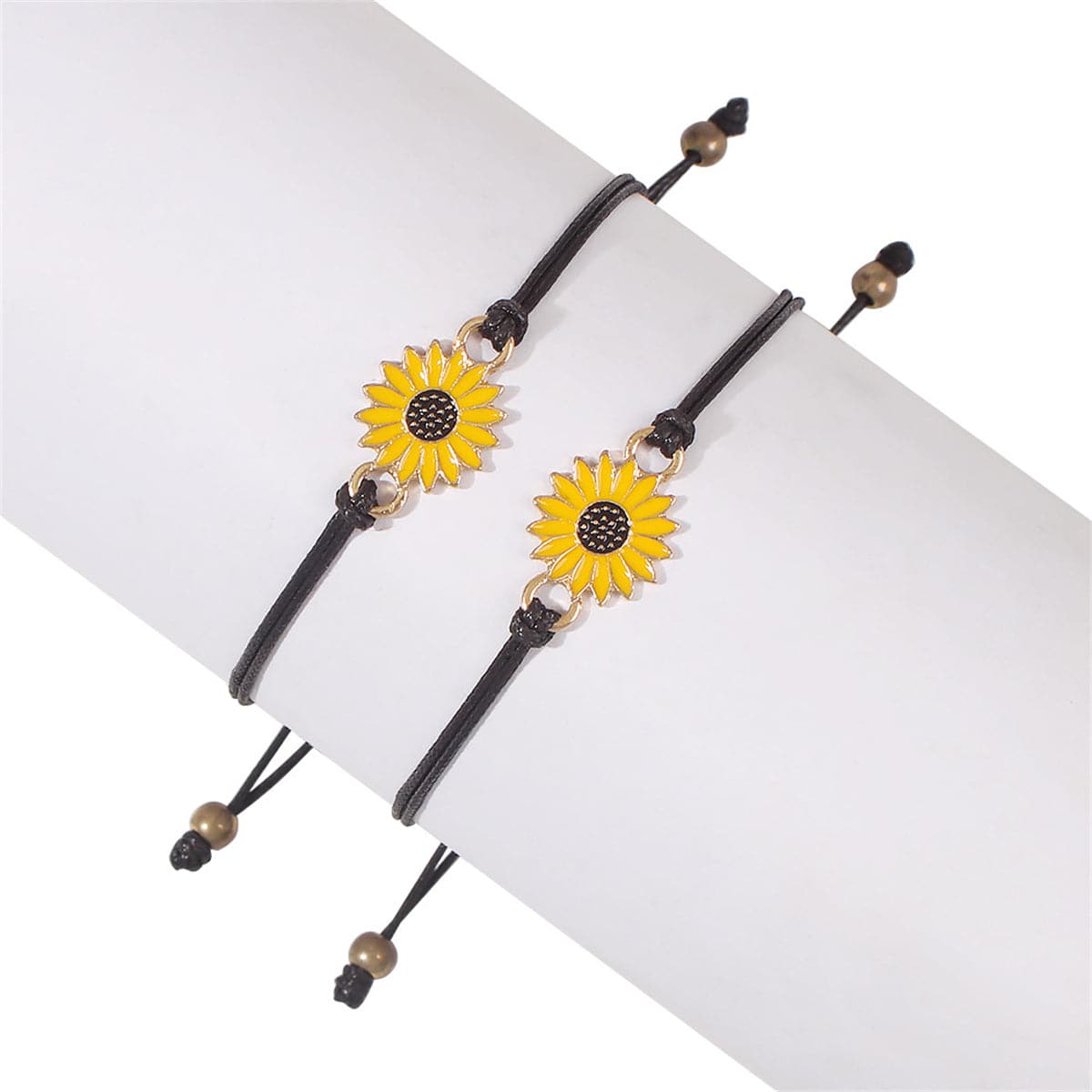 Yellow Enamel and Polyster 18K Gold-Plated Sunflower Adjustable Bracelet - Set Of Two, jewelry gift sets..., detail close-up