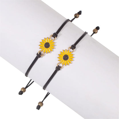 Yellow Enamel and Polyster 18K Gold-Plated Sunflower Adjustable Bracelet - Set Of Two, jewelry gift sets..., detail close-up