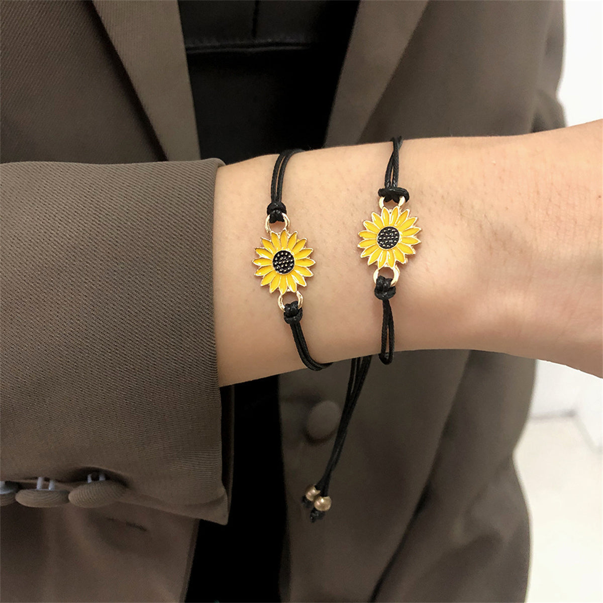 Yellow Enamel and Polyster 18K Gold-Plated Sunflower Adjustable Bracelet - Set Of Two, jewelry gift sets for..., front view
