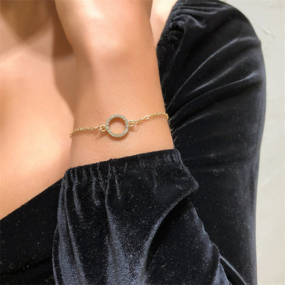 Cubic Zirconia and 18K Gold-Plated Circle Charm Bracelet, gold bracelet for women, vintage-inspired design, front view