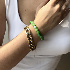 Green Beaded Stretch Bracelet & 18K Gold-Plated Curb Chain Bracelet