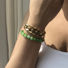 Green Beaded Stretch Bracelet & 18K Gold-Plated Curb Chain Bracelet