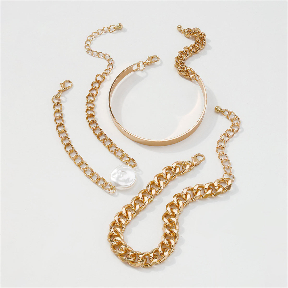 Pearl & 18K Gold-Plated Curb Chain Bracelet Set