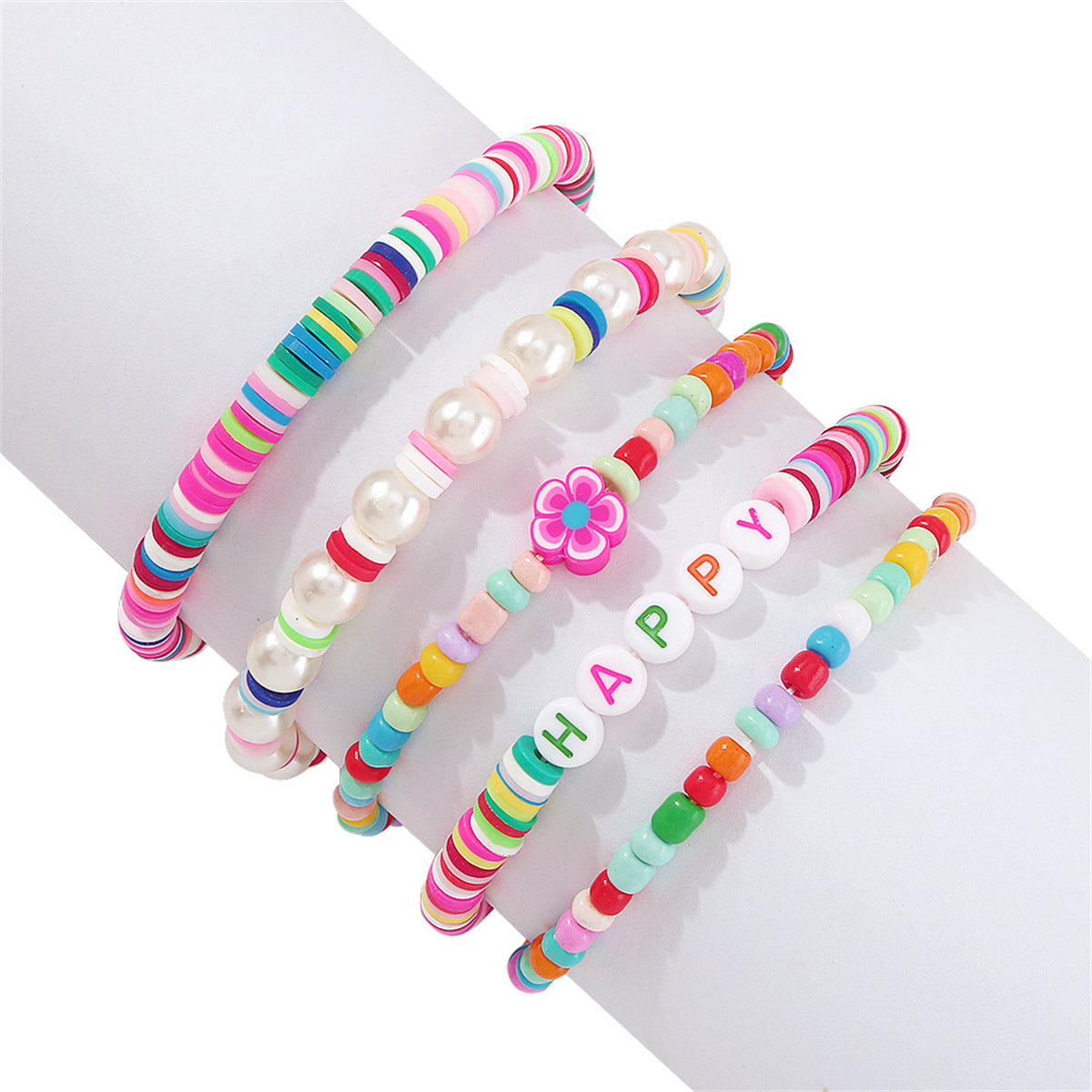Pink Howlite 'Happy' Beaded Stretch Bracelet Set